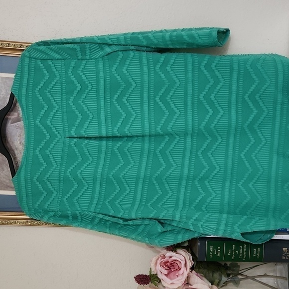 Green Knit Talbots Blouse Sheer sleeve Abstract Pattern Medium career party - Picture 7 of 8